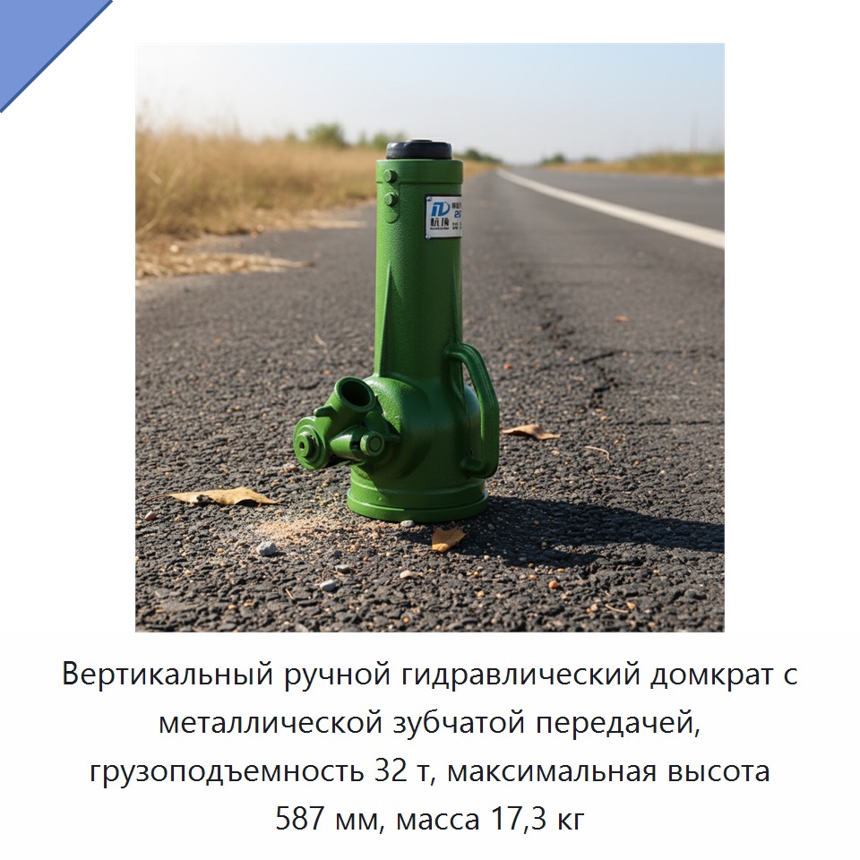 Вертикальный ручной гидравлический домкрат с металлической зубчатой передачей, грузоподъемность 32 т, максимальная высота 587 мм, масса 17,3 кг