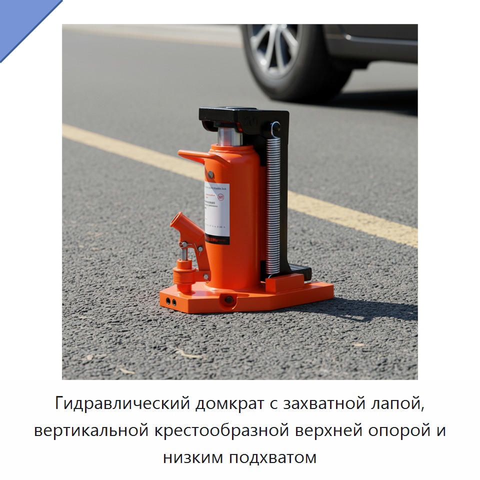 Гидравлический домкрат с захватной лапой, вертикальной крестообразной верхней опорой и низким подхватом