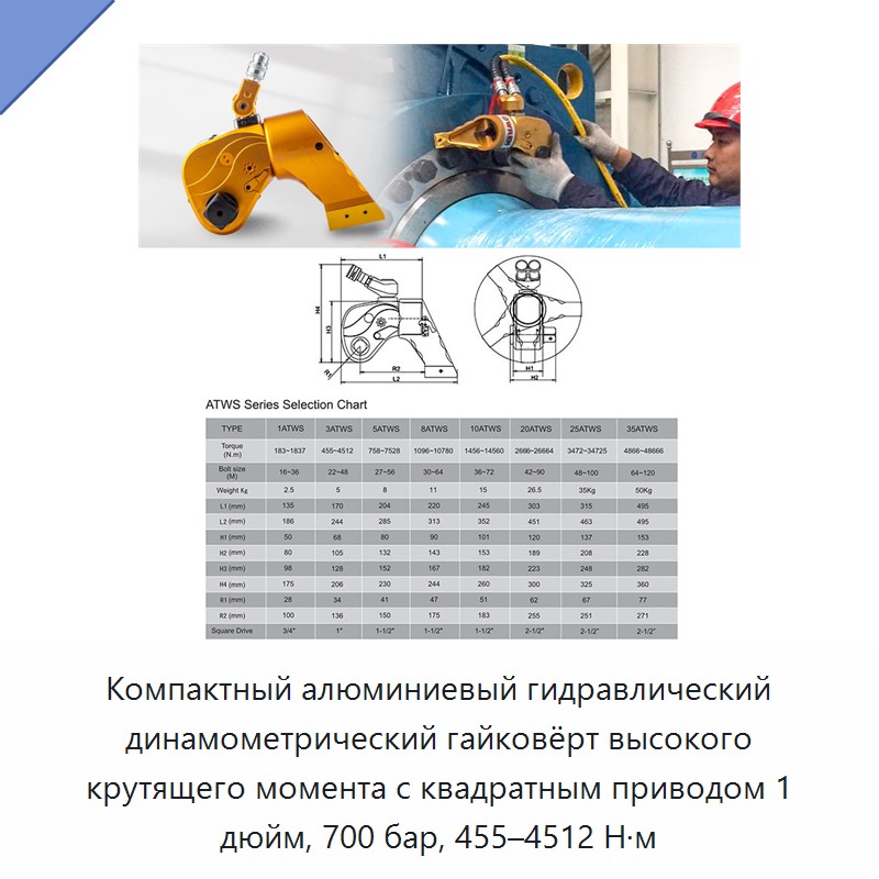 Компактный алюминиевый гидравлический динамометрический гайковёрт высокого крутящего момента с квадратным приводом 1 дюйм, 700 бар, 455–4512 Н·м
