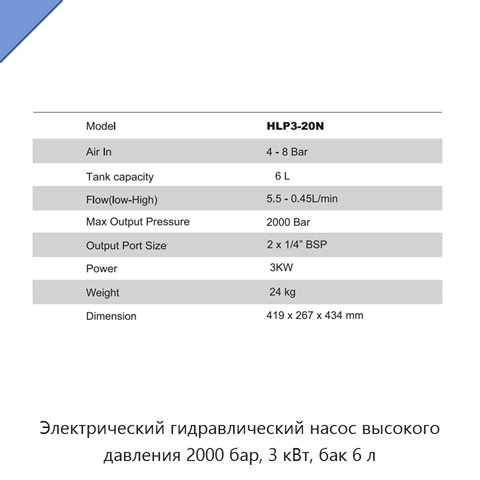 Электрический гидравлический насос высокого давления 2000 бар, 3 кВт, бак 6 л