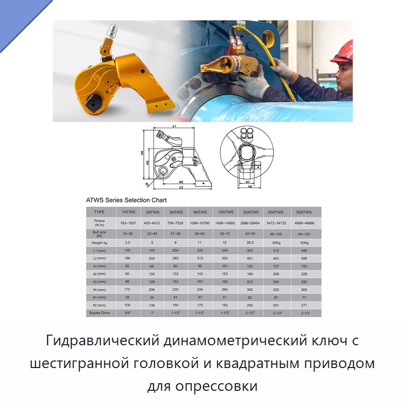 Гидравлический динамометрический ключ с шестигранной головкой и квадратным приводом для опрессовки