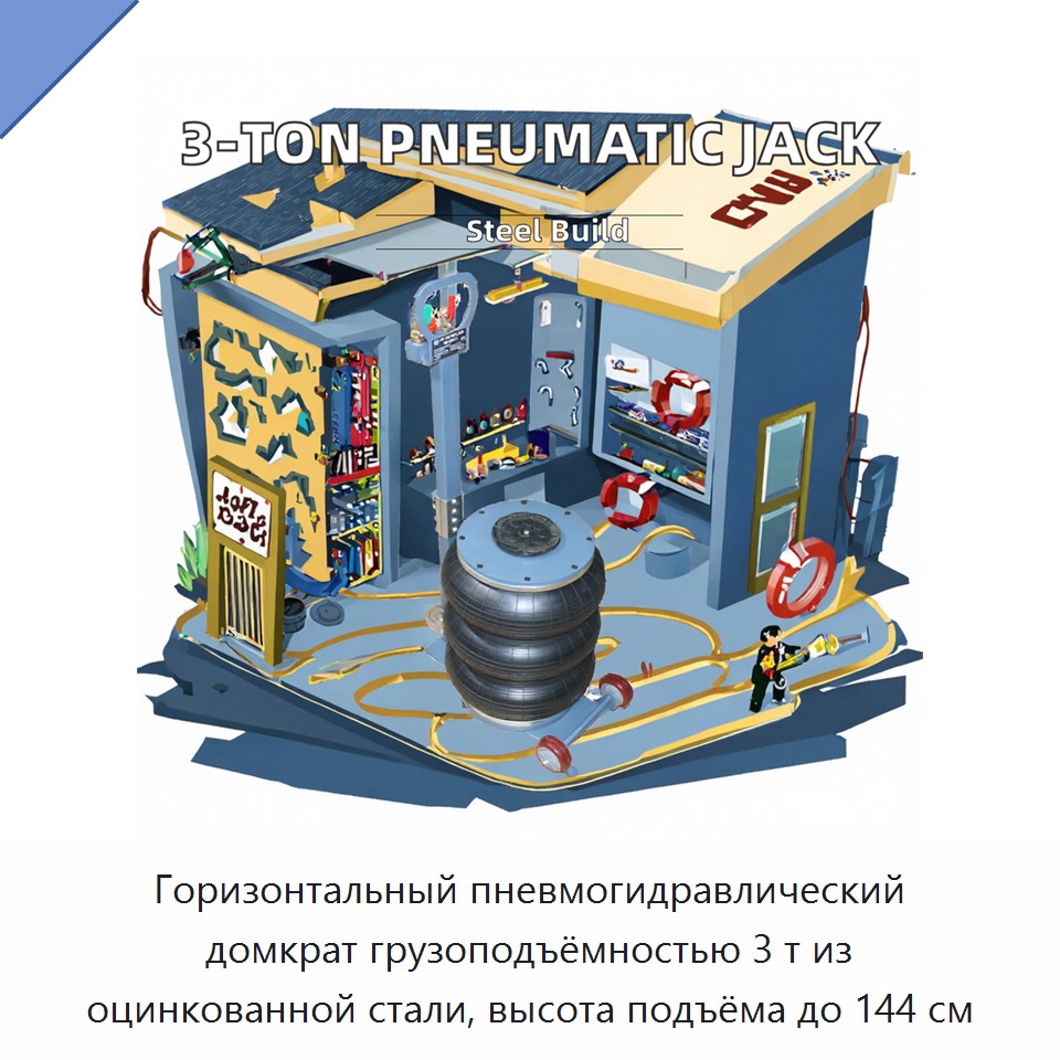 Горизонтальный пневмогидравлический домкрат грузоподъёмностью 3 т из оцинкованной стали, высота подъёма до 144 см