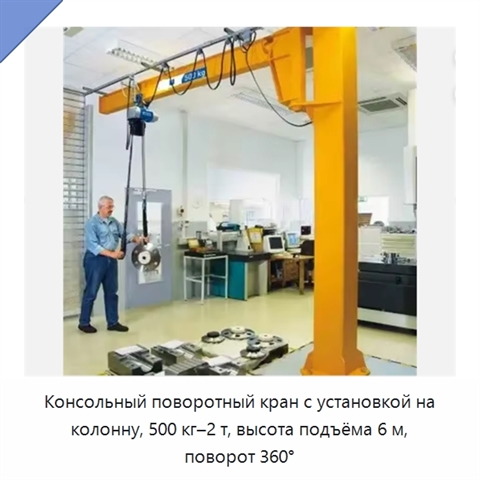 Консольный поворотный кран с установкой на колонну, 500 кг–2 т, высота подъёма 6 м, поворот 360°