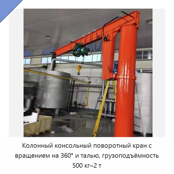 Колонный консольный поворотный кран с вращением на 360° и талью, грузоподъёмность 500 кг–2 т