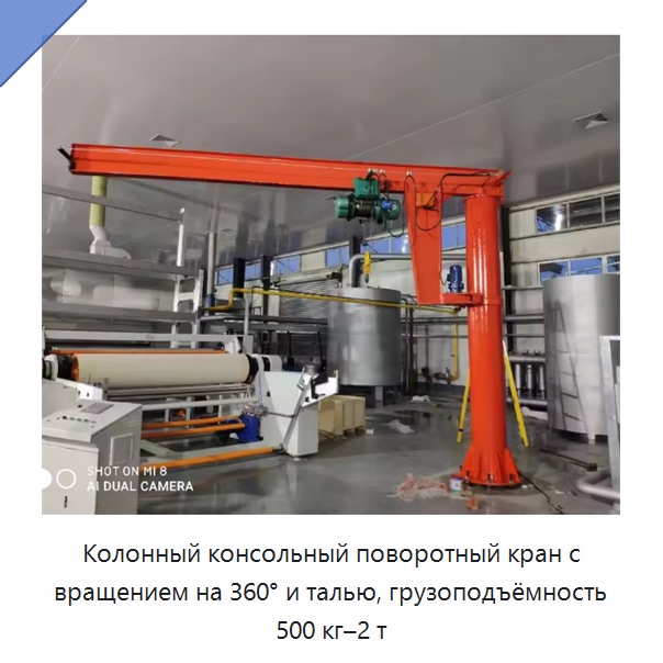 Колонный консольный поворотный кран с вращением на 360° и талью, грузоподъёмность 500 кг–2 т