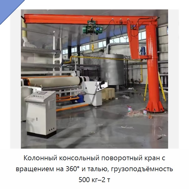 Колонный консольный поворотный кран с вращением на 360° и талью, грузоподъёмность 500 кг–2 т