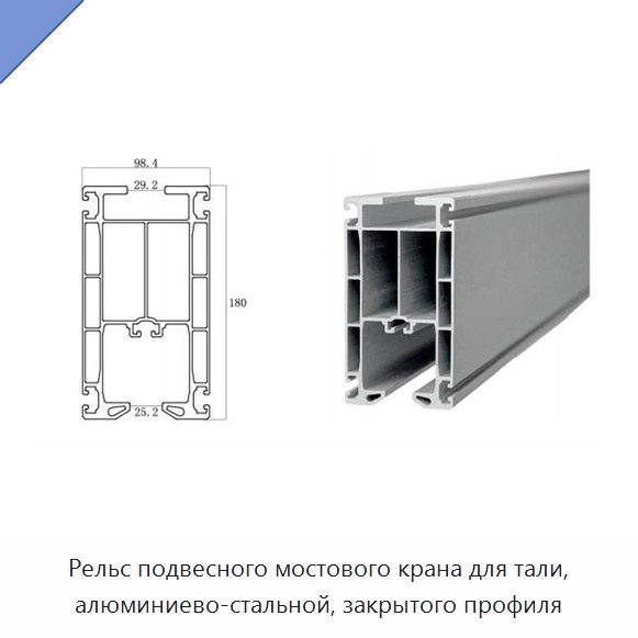 Рельс подвесного мостового крана для тали, алюминиево-стальной, закрытого профиля