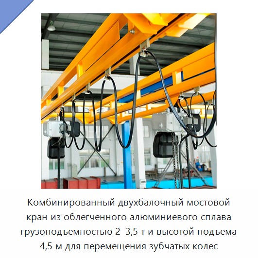 Комбинированный двухбалочный мостовой кран из облегченного алюминиевого сплава грузоподъемностью 2–3,5 т и высотой подъема 4,5 м для перемещения зубчатых колес — Мостовые краны