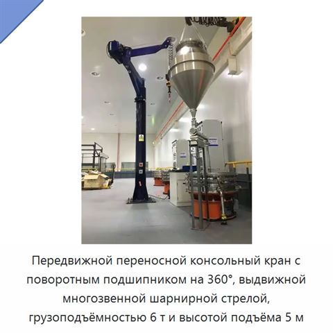 Передвижной переносной консольный кран с поворотным подшипником на 360°, выдвижной многозвенной шарнирной стрелой, грузоподъёмностью 6 т и высотой подъёма 5 м