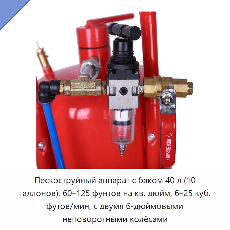 Пескоструйный аппарат с баком 40 л (10 галлонов), 60–125 фунтов на кв. дюйм, 6–25 куб. футов/мин, с двумя 6-дюймовыми неповоротными колёсами