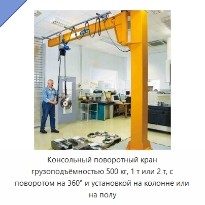 Консольный поворотный кран грузоподъёмностью 500 кг, 1 т или 2 т, с поворотом на 360° и установкой на колонне или на полу