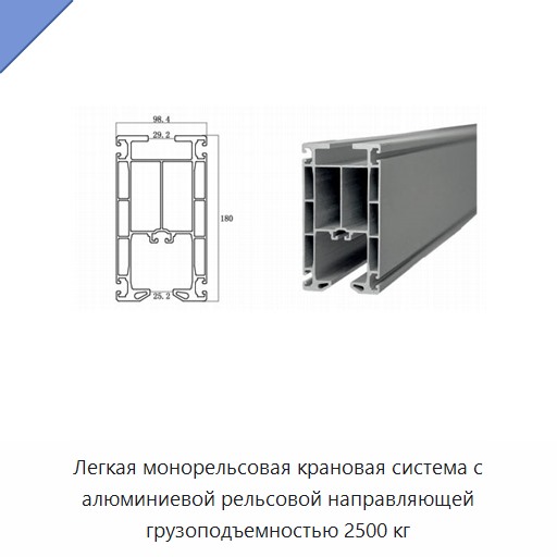 Легкая монорельсовая крановая система с алюминиевой рельсовой направляющей грузоподъемностью 2500 кг
