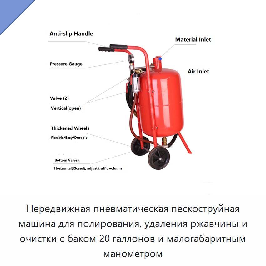 Передвижная пневматическая пескоструйная машина для полирования, удаления ржавчины и очистки с баком 20 галлонов и малогабаритным манометром