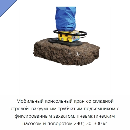 Мобильный консольный кран со складной стрелой, вакуумным трубчатым подъёмником с фиксированным захватом, пневматическим насосом и поворотом 240°, 30–300 кг