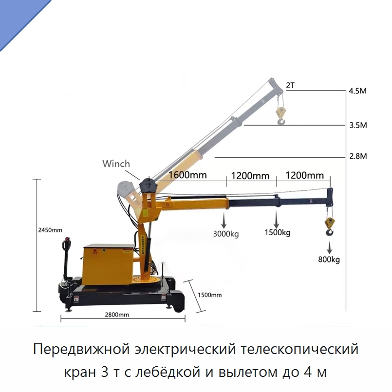 Передвижной электрический телескопический кран 3 т с лебёдкой и вылетом до 4 м — Специальные краны