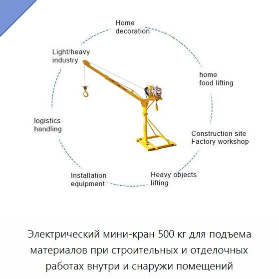 Электрический мини-кран 500 кг для подъема материалов при строительных и отделочных работах внутри и снаружи помещений