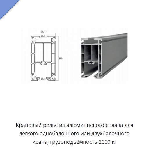 Крановый рельс из алюминиевого сплава для лёгкого однобалочного или двухбалочного крана, грузоподъёмность 2000 кг