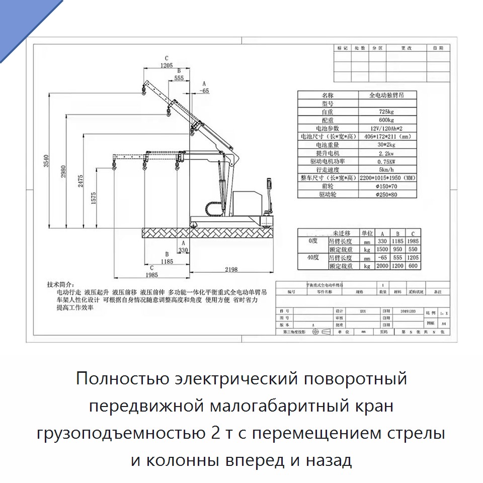 Полностью электрический поворотный передвижной малогабаритный кран грузоподъемностью 2 т с перемещением стрелы и колонны вперед и назад