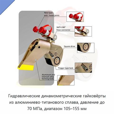 Гидравлические динамометрические гайковёрты из алюминиево-титанового сплава, давление до 70 МПа, диапазон 105–155 мм