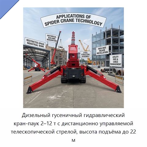 Дизельный гусеничный гидравлический кран-паук 2–12 т с дистанционно управляемой телескопической стрелой, высота подъёма до 22 м