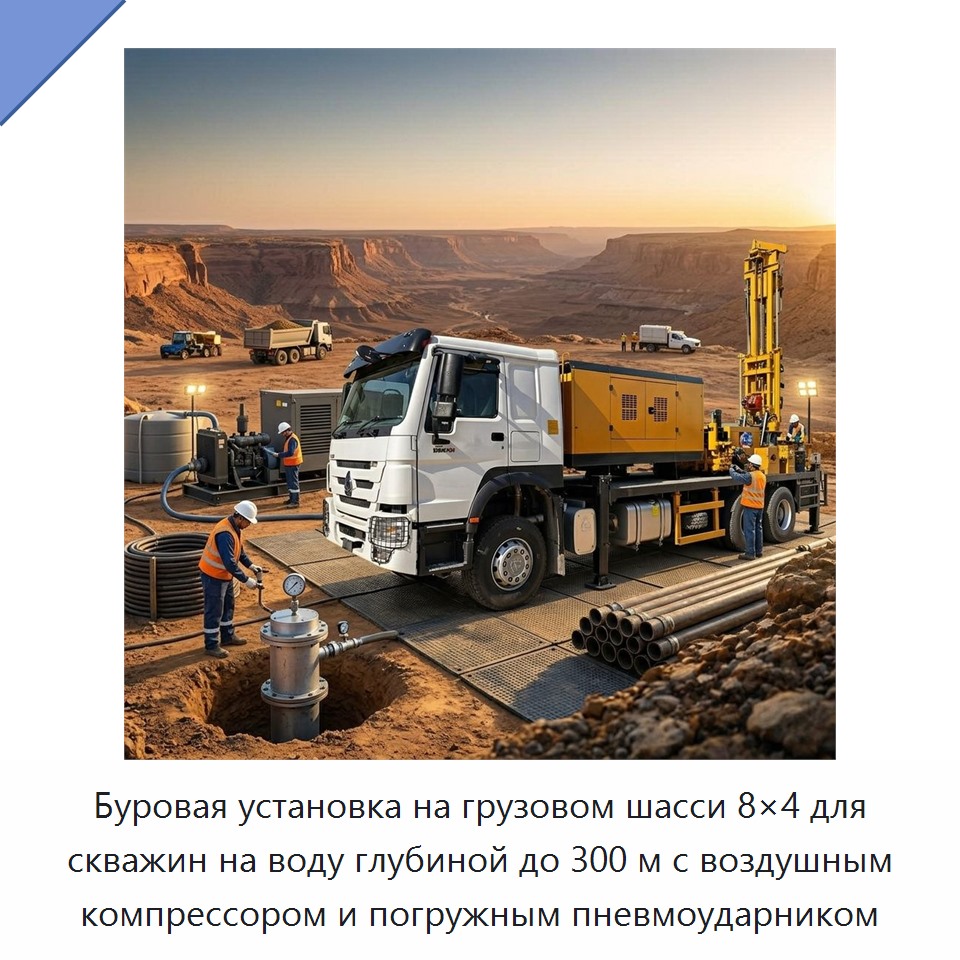 Буровая установка на грузовом шасси 8×4 для скважин на воду глубиной до 300 м с воздушным компрессором и погружным пневмоударником — Горнодобывающее оборудование
