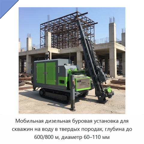 Мобильная дизельная буровая установка для скважин на воду в твердых породах, глубина до 600/800 м, диаметр 60–110 мм