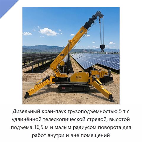 Дизельный кран-паук грузоподъёмностью 5 т с удлинённой телескопической стрелой, высотой подъёма 16,5 м и малым радиусом поворота для работ внутри и вне помещений