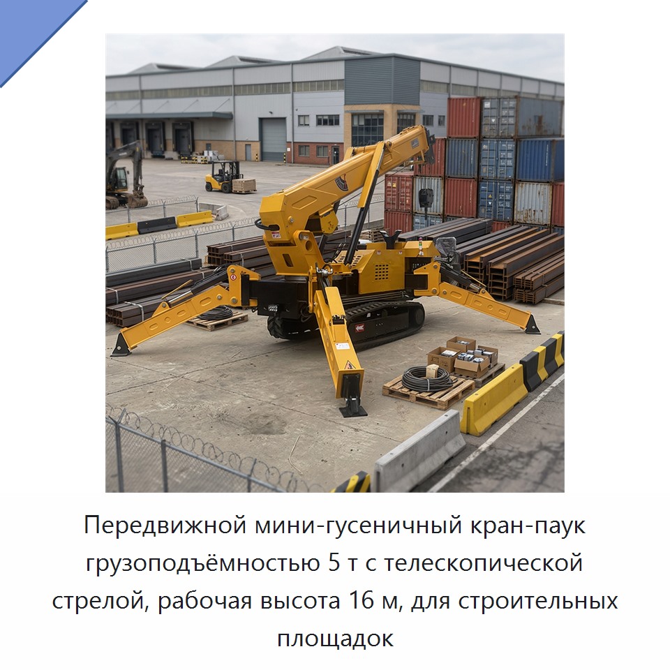 Передвижной мини-гусеничный кран-паук грузоподъёмностью 5 т с телескопической стрелой, рабочая высота 16 м, для строительных площадок — Краны