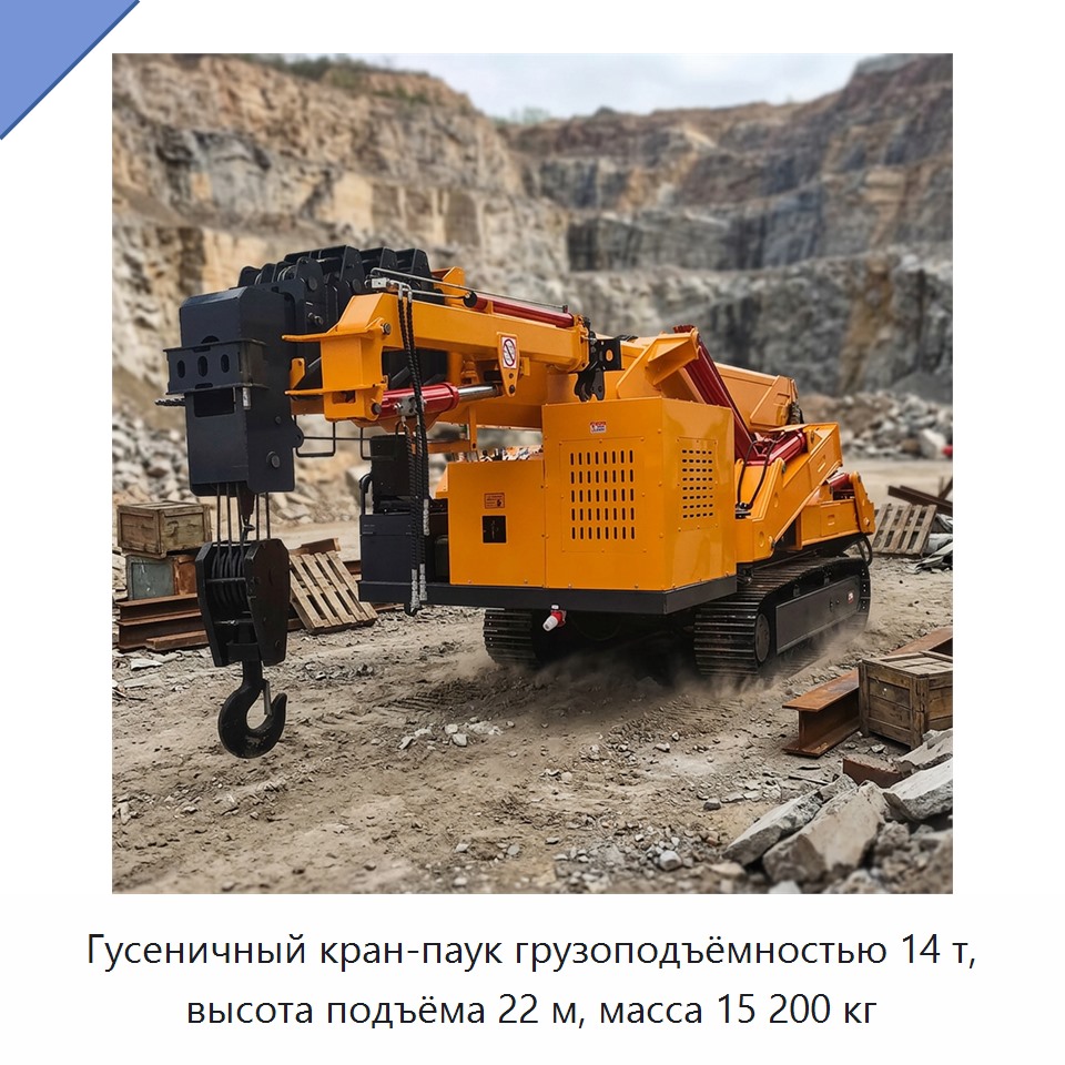 Гусеничный кран-паук грузоподъёмностью 14 т, высота подъёма 22 м, масса 15 200 кг — Краны