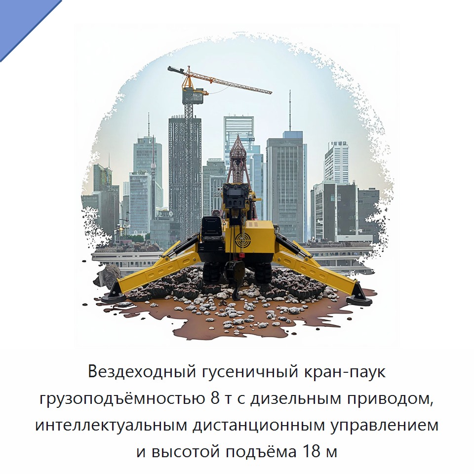 Вездеходный гусеничный кран-паук грузоподъёмностью 8 т с дизельным приводом, интеллектуальным дистанционным управлением и высотой подъёма 18 м — Краны