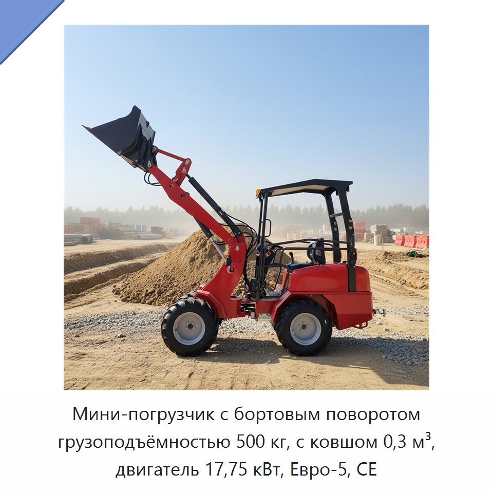 Мини-погрузчик с бортовым поворотом грузоподъёмностью 500 кг, с ковшом 0,3 м³, двигатель 17,75 кВт, Евро-5, CE — Землеройная техника