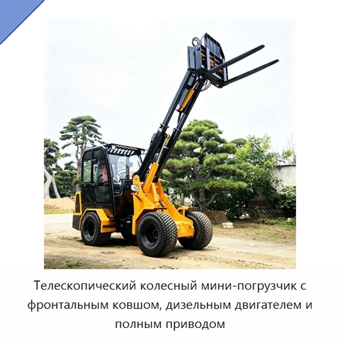 Телескопический колесный мини-погрузчик с фронтальным ковшом, дизельным двигателем и полным приводом