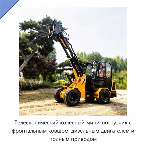 Телескопический колесный мини-погрузчик с фронтальным ковшом, дизельным двигателем и полным приводом