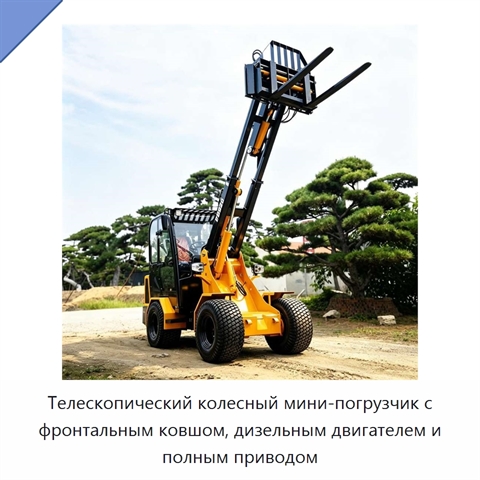 Телескопический колесный мини-погрузчик с фронтальным ковшом, дизельным двигателем и полным приводом