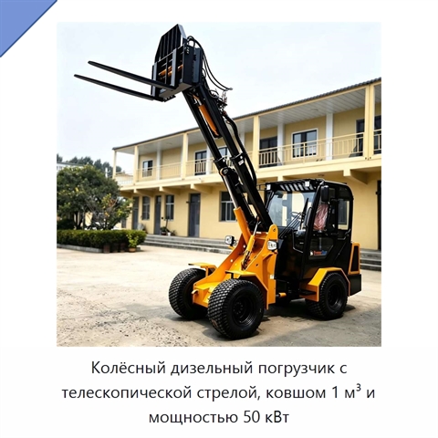 Колёсный дизельный погрузчик с телескопической стрелой, ковшом 1 м³ и мощностью 50 кВт