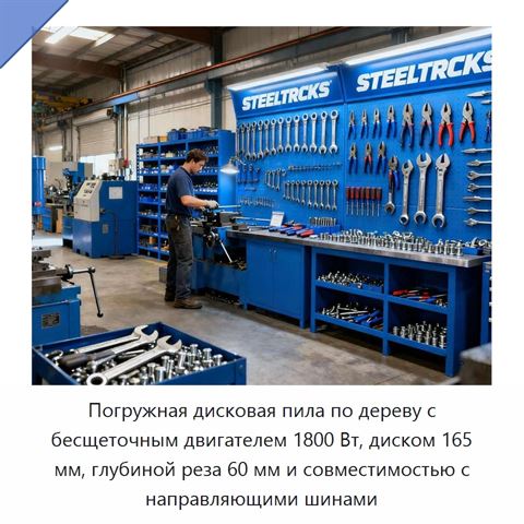 Погружная дисковая пила по дереву с бесщеточным двигателем 1800 Вт, диском 165 мм, глубиной реза 60 мм и совместимостью с направляющими шинами