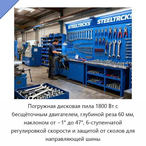 Погружная дисковая пила 1800 Вт с бесщёточным двигателем, глубиной реза 60 мм, наклоном от −1° до 47°, 6-ступенчатой регулировкой скорости и защитой от сколов для направляющей шины