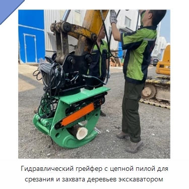 Гидравлический грейфер с цепной пилой для срезания и захвата деревьев экскаватором