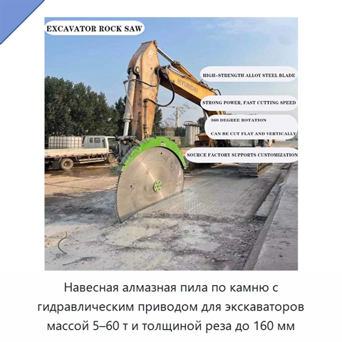 Навесная алмазная пила по камню с гидравлическим приводом для экскаваторов массой 5–60 т и толщиной реза до 160 мм