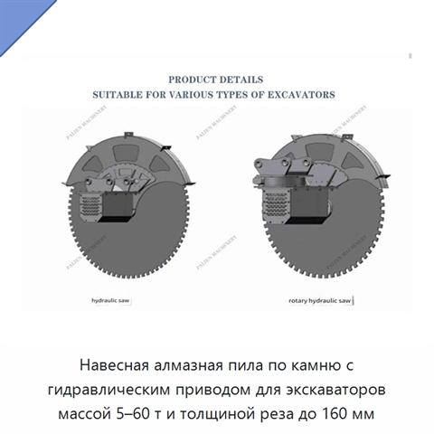 Навесная алмазная пила по камню с гидравлическим приводом для экскаваторов массой 5–60 т и толщиной реза до 160 мм