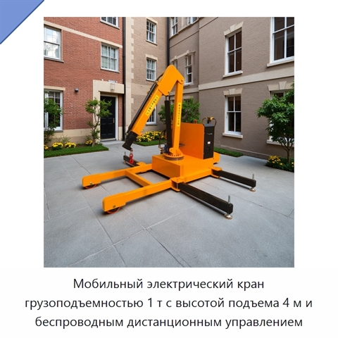 Мобильный электрический кран грузоподъемностью 1 т с высотой подъема 4 м и беспроводным дистанционным управлением
