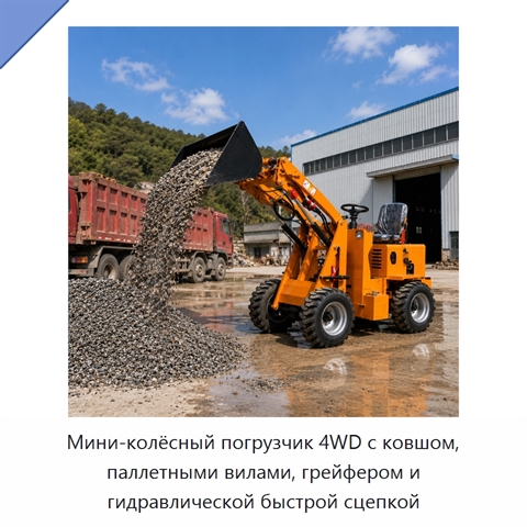 Мини-колёсный погрузчик 4WD с ковшом, паллетными вилами, грейфером и гидравлической быстрой сцепкой