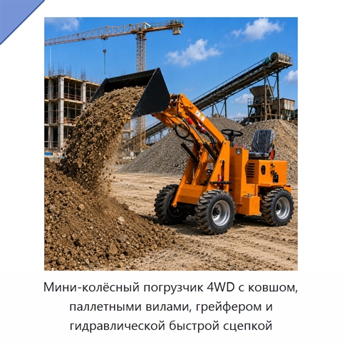 Мини-колёсный погрузчик 4WD с ковшом, паллетными вилами, грейфером и гидравлической быстрой сцепкой