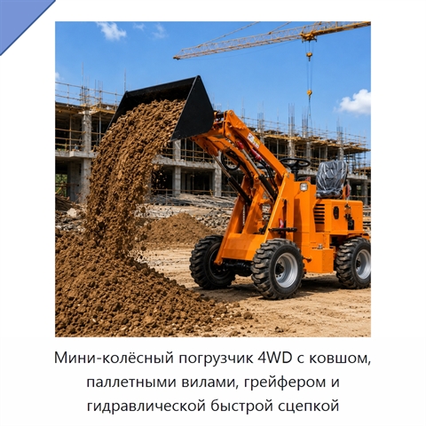 Мини-колёсный погрузчик 4WD с ковшом, паллетными вилами, грейфером и гидравлической быстрой сцепкой