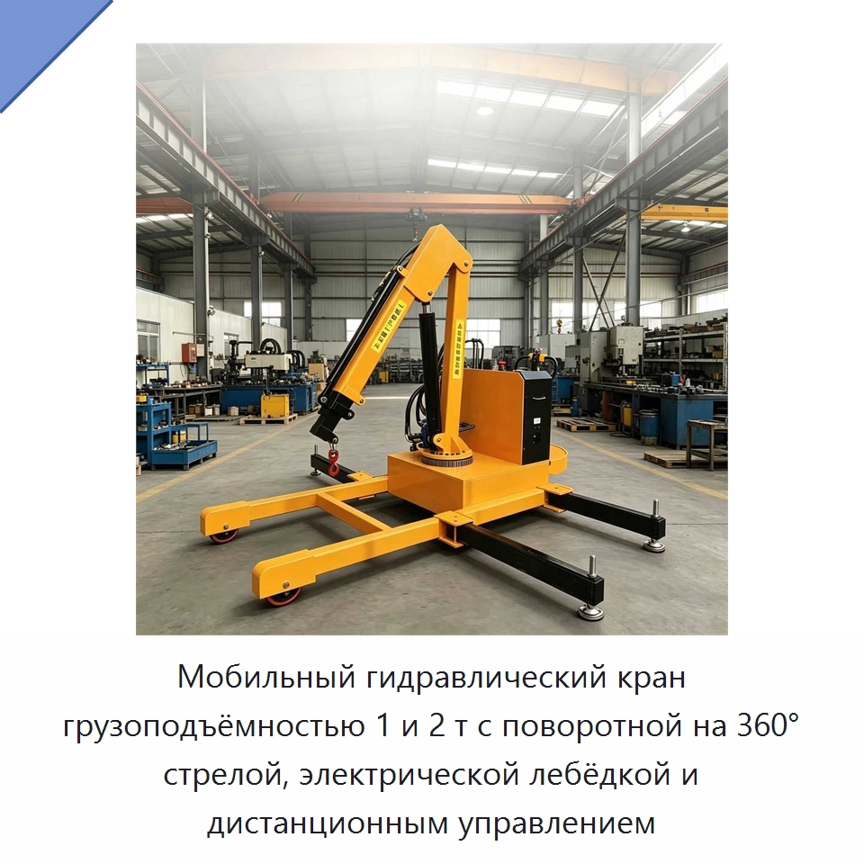 Мобильный гидравлический кран грузоподъёмностью 1 и 2 т с поворотной на 360° стрелой, электрической лебёдкой и дистанционным управлением — Краны