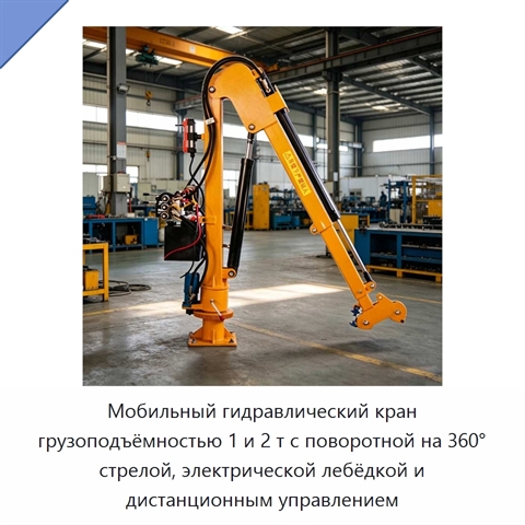 Мобильный гидравлический кран грузоподъёмностью 1 и 2 т с поворотной на 360° стрелой, электрической лебёдкой и дистанционным управлением