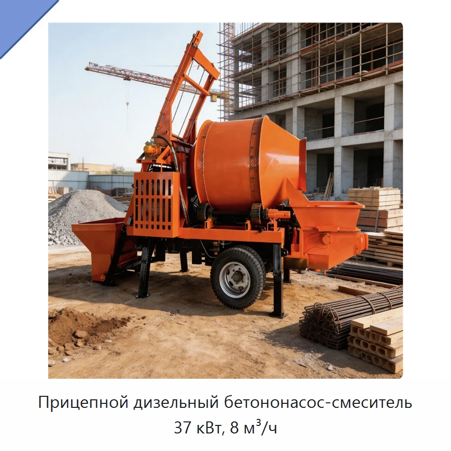 Прицепной дизельный бетононасос-смеситель 37 кВт, 8 м³/ч — Бетонная техника
