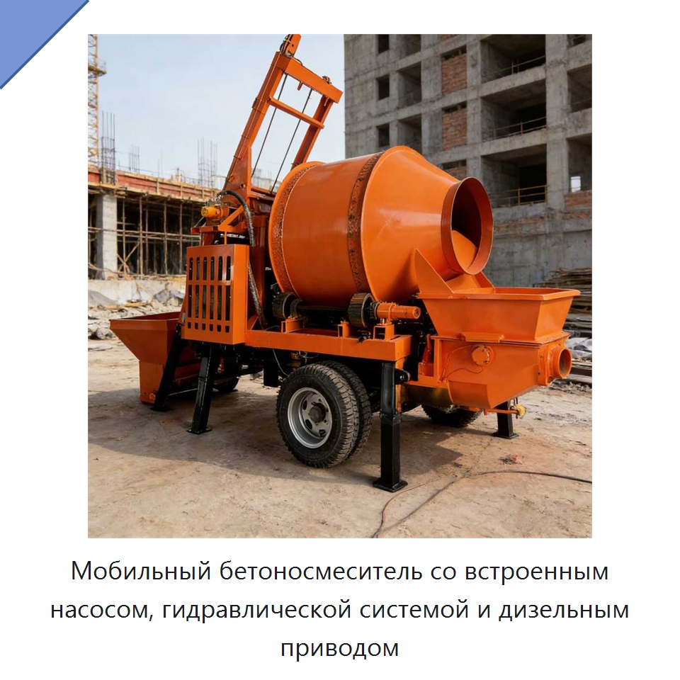Мобильный бетоносмеситель со встроенным насосом, гидравлической системой и дизельным приводом