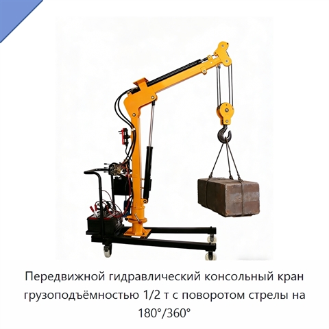 Передвижной гидравлический консольный кран грузоподъёмностью 1/2 т с поворотом стрелы на 180°/360°