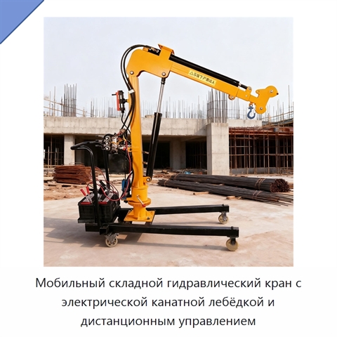 Мобильный складной гидравлический кран с электрической канатной лебёдкой и дистанционным управлением